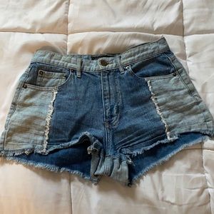 High rise denim patchwork shorts